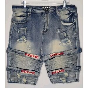 Preme Men's Shorts 36 Distressed Moto Ribbed Biker Denim Streetwear Light Wash